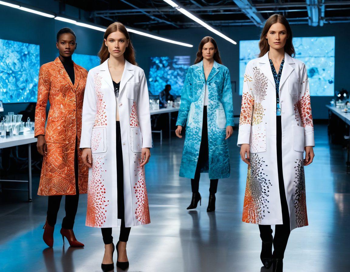 A striking visual of a high-fashion runway alongside a sleek bioscience lab, merging styles. Designer dresses flowing seamlessly into lab equipment like microscopes and petri dishes, with vibrant colors and textures blending. A diverse group of models and scientists collaborating, showcasing the harmony of fashion and science. The runway showcases fabric patterns inspired by cellular structures, while lab coats feature chic designs. 3D digital art with hyper-realistic details, bright color contrasts, and a dynamic perspective.